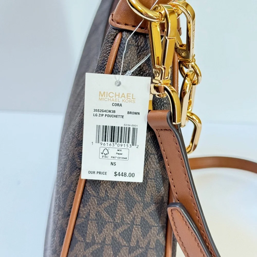 Michael Kors Cora Large Pouchette Shoulder Chain Crossbody Bag MK Brown_13